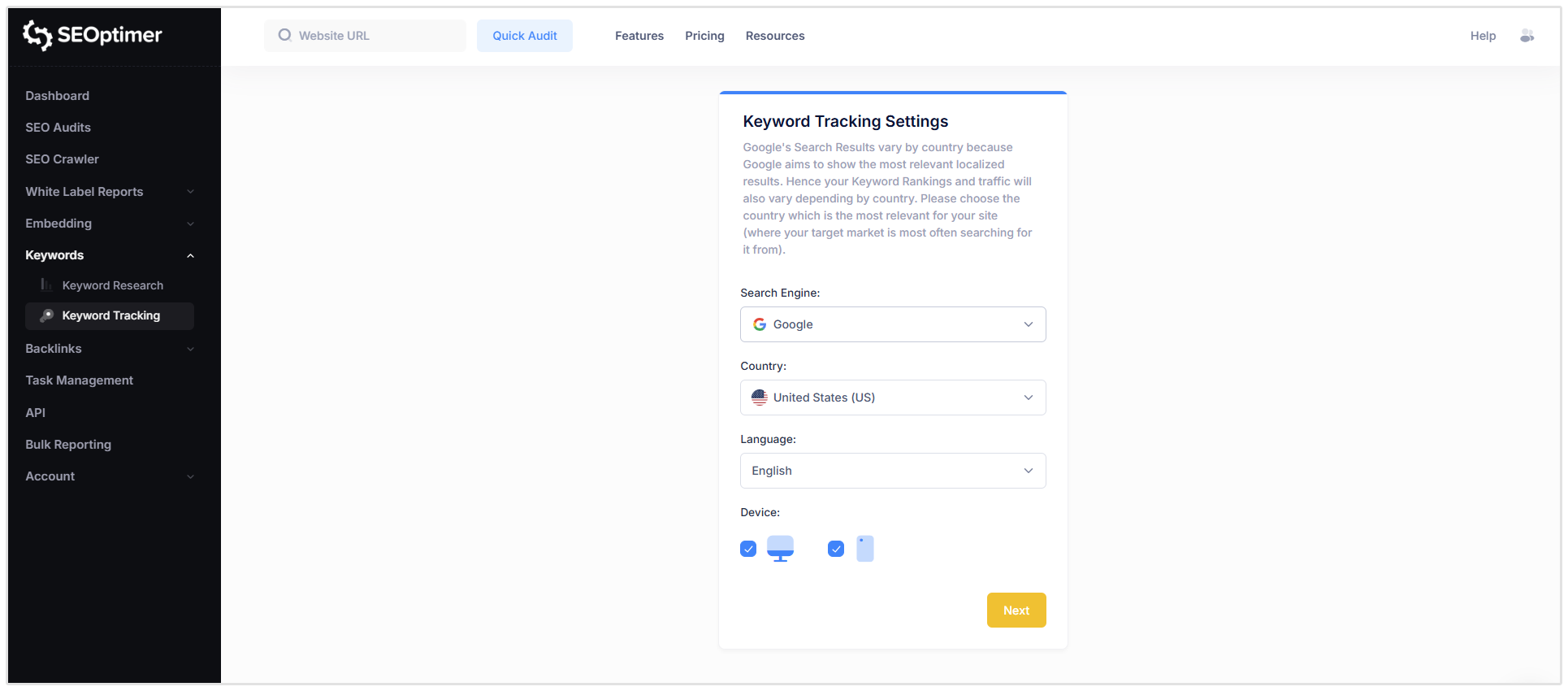 Keyword tracking settings